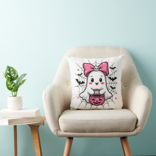 Spooky Ghost with Pink Bow Breast Cancer Awareness Throw Pillow