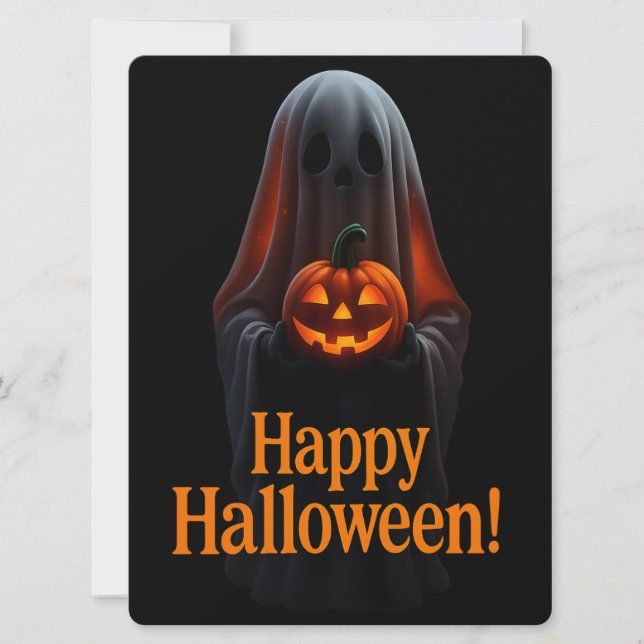 Spooky Ghost with Pumpkin – Happy Halloween  (Front)