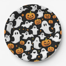 Spooky Ghosts Pumpkins Black Halloween Paper Plate
