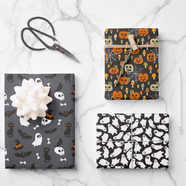 Spooky Ghosts Pumpkins Skulls Halloween Patterns Wrapping Paper Sheet (Front)