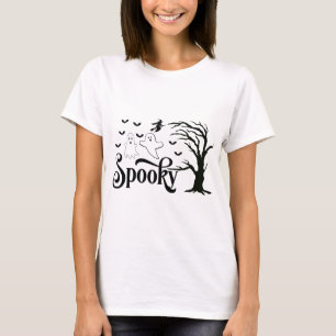 Spooky Ghosts Tree Birds Witch on Broom Halloween T-Shirt