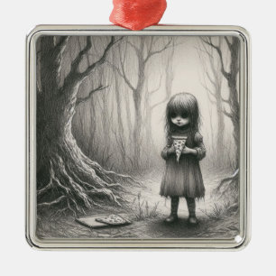 Spooky Girl with Pizza Horror Creepy Illustration Metal Ornament