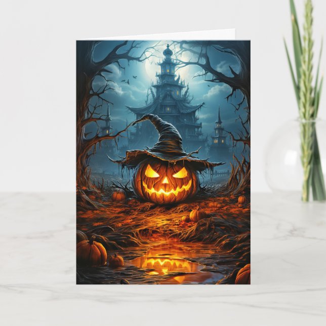 Spooky Glowing Halloween Pumpkin Card (Front)
