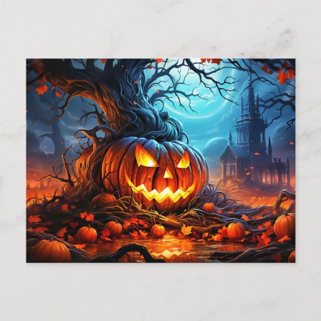 Spooky Glowing Pumpkin In the Forest Postcard (Front)