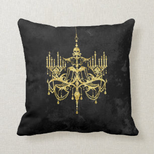 Spooky Gold Chandelier on Black   Faux Glitter Throw Pillow
