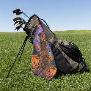 Spooky Goldendoodle Dog Halloween Witch Pumpkin Golf Towel