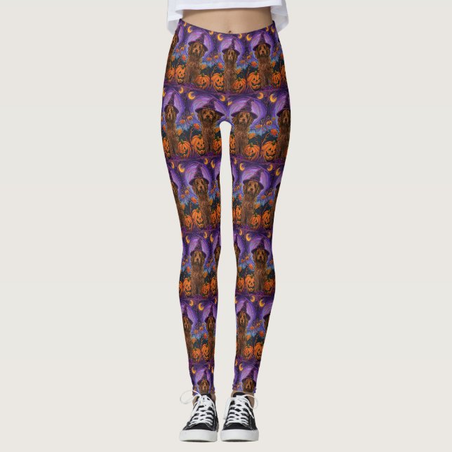 Spooky Goldendoodle Dog Halloween Witch Pumpkin Leggings (Front)