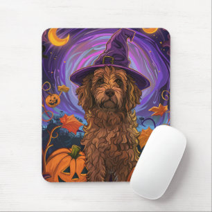 Spooky Goldendoodle Dog Halloween Witch Pumpkin Mouse Pad