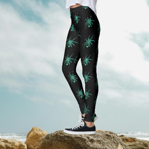 Spooky Goth Black Green Spiders Halloween Pattern Leggings