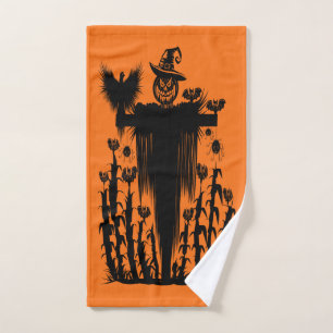 Spooky Goth Halloween Scarecrow Pumpkin Cornfield Hand Towel