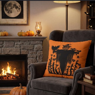 Spooky Goth Halloween Scarecrow Pumpkin Cornfield Throw Pillow