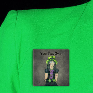 Spooky Goth Teen Girl Green Hat Tattoos Grey 2 Inch Square Button