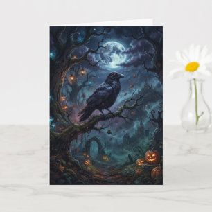 Spooky Gothic Raven Halloween Card Witch Hat Crow 