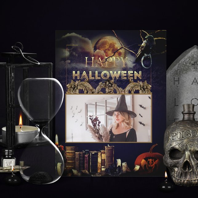 Spooky Gothic Raven In Full Moon Adult Halloween Postcard (spooky adult gothic halloween invitations with full moon and pumpkin add your photo)