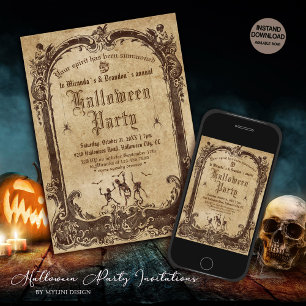 Spooky Gothic Skeletons Vintage Mirror Halloween Invitation