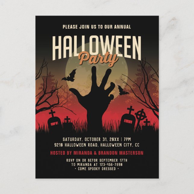 Spooky Graveyard, Full Moon Halloween Party Invite Postcard (Front)