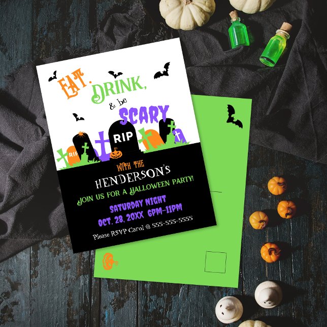 Spooky Graveyard Halloween Party Invitation Postcard (Creator Uploaded)
