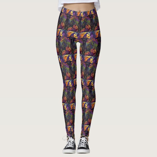 Spooky Great Dane Dog Halloween Witch Pumpkin Leggings (Front)