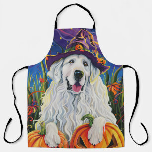 Spooky Great Pyrenees Dog Halloween Witch Pumpkin Apron