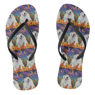 Spooky Great Pyrenees Dog Halloween Witch Pumpkin Flip Flops