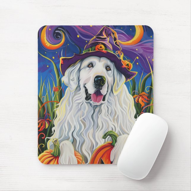 Spooky Great Pyrenees Dog Halloween Witch Pumpkin Mouse Pad (With Mouse)