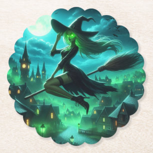 Spooky green aura Halloween witch Paper Coaster
