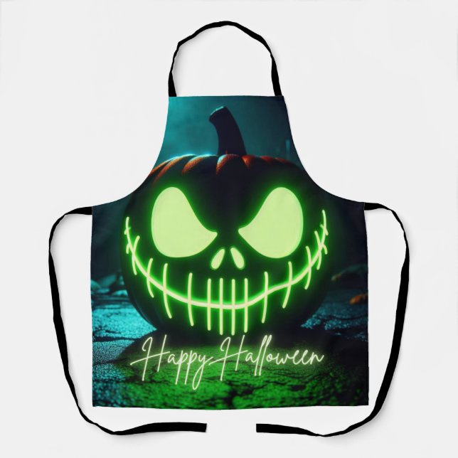 Spooky green glowing Halloween pumpkin Apron (Front)