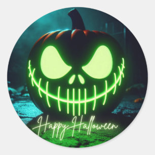 Spooky green glowing Halloween pumpkin Classic Round Sticker
