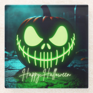 Spooky green glowing Halloween pumpkin Glass Coaster