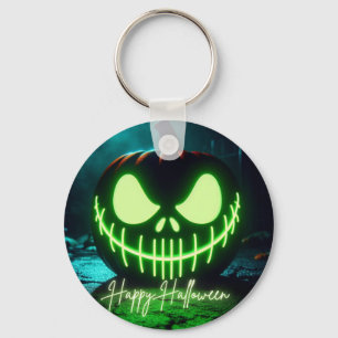 Spooky green glowing Halloween pumpkin Keychain