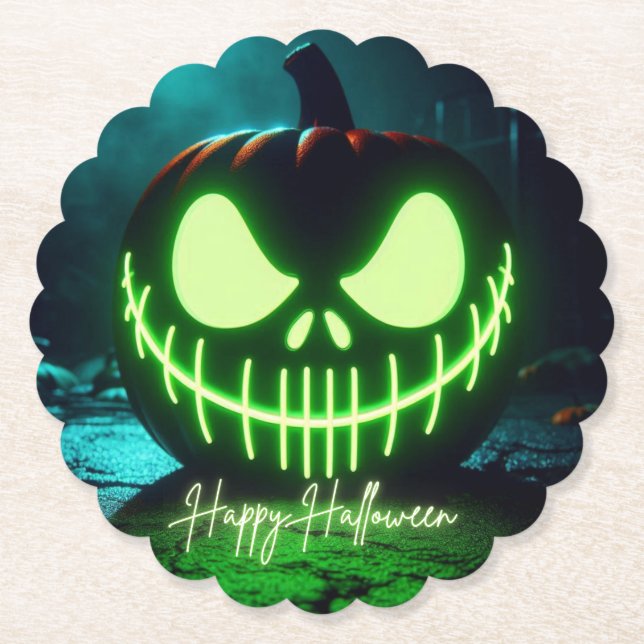 Spooky green glowing Halloween pumpkin Paper Coaster (Front)