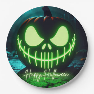Spooky green glowing Halloween pumpkin Paper Plate