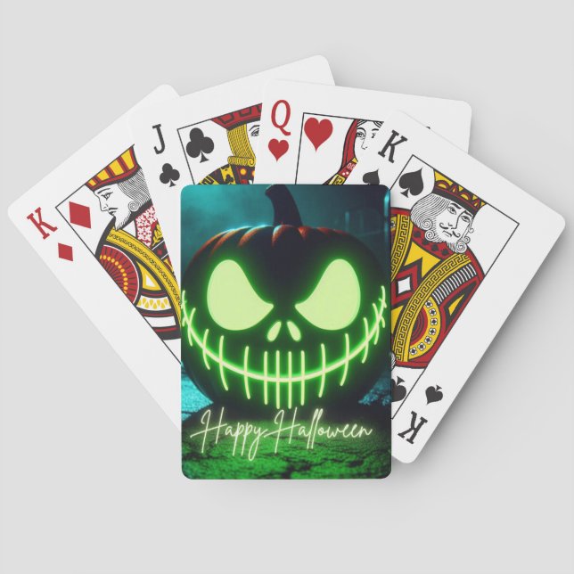 Spooky green glowing Halloween pumpkin Playing Cards (Back)