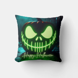 Spooky green glowing Halloween pumpkin Throw Pillow