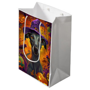 Spooky Greyhound Dog Halloween Witch And Pumpkin Medium Gift Bag