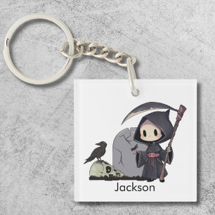 Spooky Grim Reaper Graveyard Crow Gothic Halloween Keychain