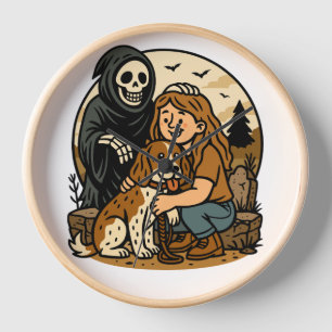 Spooky Grim Reaper with Girl and Dog Skeleton Art Clock