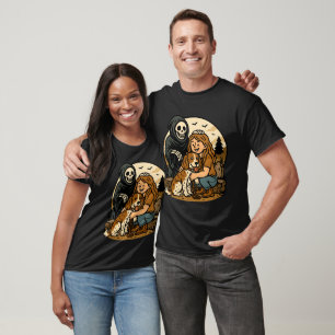 Spooky Grim Reaper with Girl and Dog Skeleton Art  T-Shirt