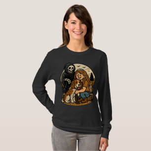 Spooky Grim Reaper with Girl and Dog Skeleton Art  T-Shirt