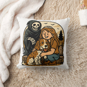 Spooky Grim Reaper with Girl and Dog Skeleton Art Throw Pillow
