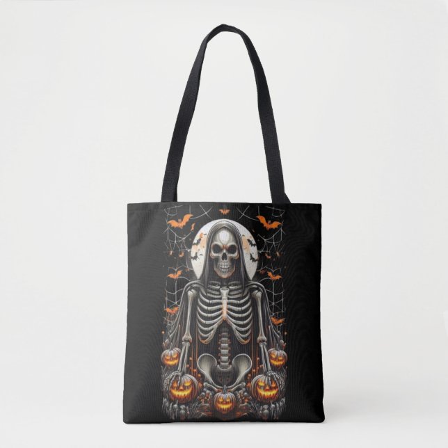 Spooky Grim Skeleton & Glowing Pumpkins Halloween Tote Bag (Front)