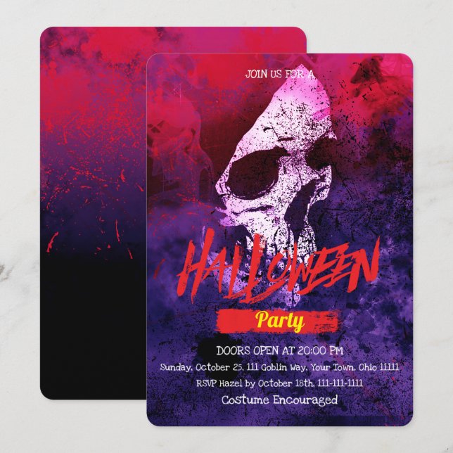 Spooky Grunge Skull Halloween Party Invitation (Front/Back)