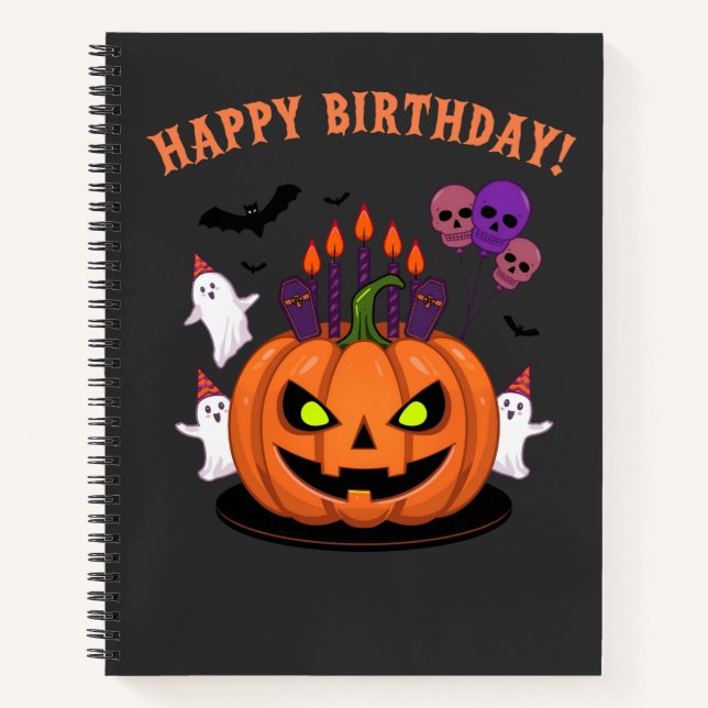 Spooky Halloween B-day Pumpkin Cake & Ghosts Notebook (Front)