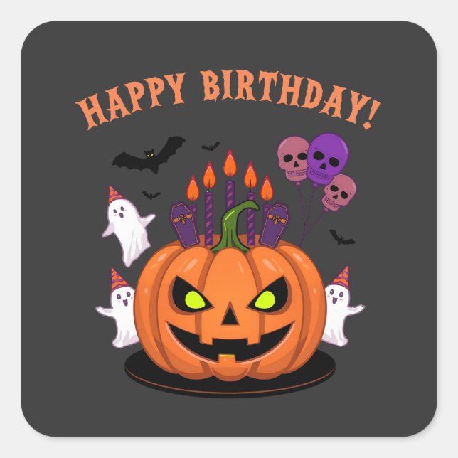 Spooky Halloween B-day Pumpkin Cake & Ghosts Square Sticker (Front)