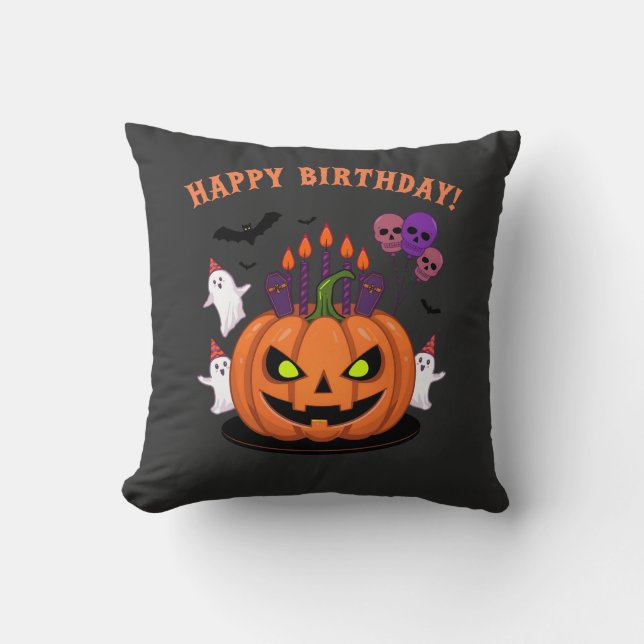 Spooky Halloween B-day Pumpkin Cake & Ghosts Throw Pillow (Front)