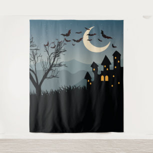 Spooky Halloween backdrop with haunted house Tapestry