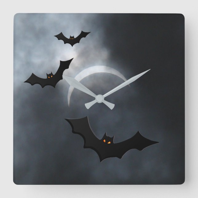 Spooky Halloween Bats In Eclipse Square Wall Clock (Front)