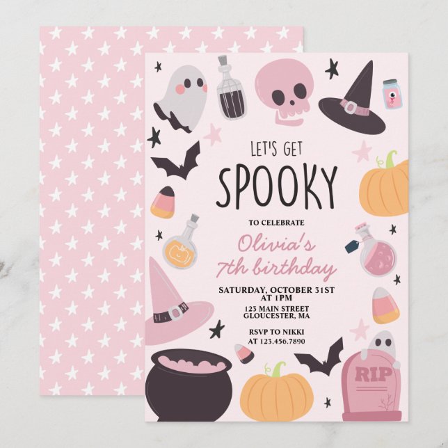 Spooky Halloween Birthday Pink Invitation (Front/Back)