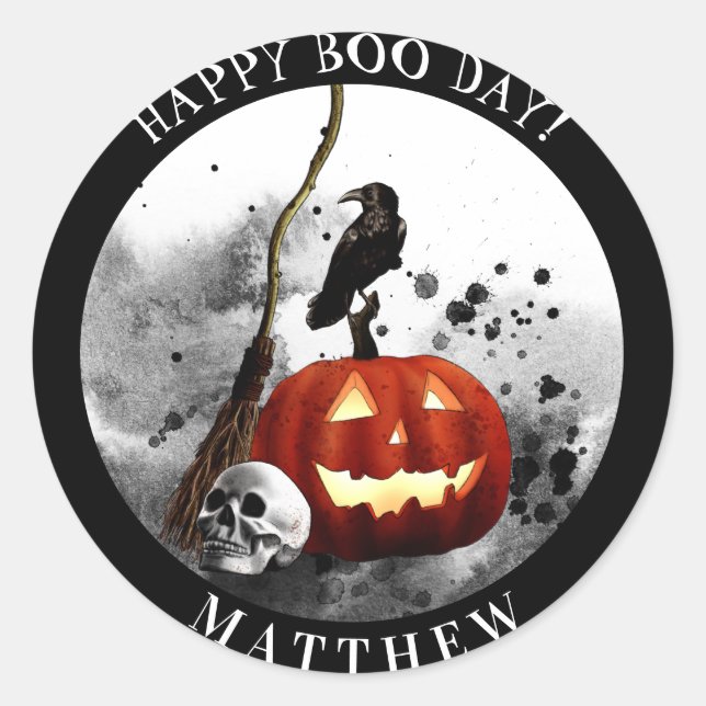 Spooky Halloween Birthday Pumpkin Crow Skull    Classic Round Sticker (Front)