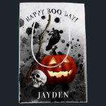 Spooky Halloween Birthday Pumpkin Crow Skull  Medium Gift Bag<br><div class="desc">This spooky Halloween gift bag is perfect for a Halloween birthday party. This gift bag for Halloween birthday party features black splotched ink background with a jack o'lantern,  human skull,  black crow,  and a witches broom. Personalize with the name of your choice.</div>
